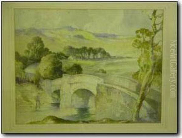 Stone Bridge With Fisherman And Distant Moors Oil Painting by John Jock Wilson