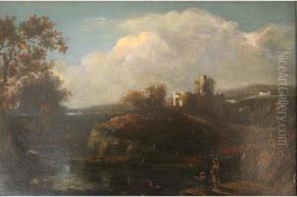Two Figures Fishing By A Country Pool, Ruins Beyond Oil Painting by Richard Wilson