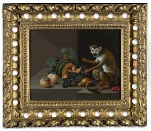 Still Life With A Melon, Peaches, Plums, Grapes, Cherries, A Pear And A Monkey On A Stone Ledge Oil Painting by Johann Amandus Winck