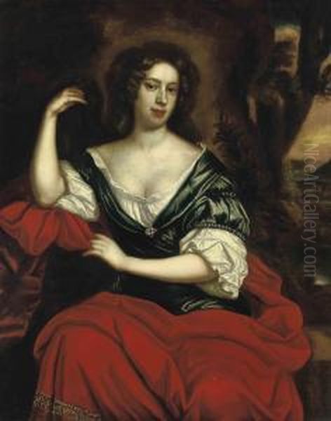 Portrait Of A Lady, Half-length, In A Green Dress And Red Wrap,seated In A Landscape Oil Painting by William Wissing or Wissmig
