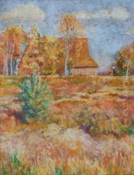 Sommerlandschaft Mit Haus Und Einer Spaziergangerin Oil Painting by Julius Wohlers