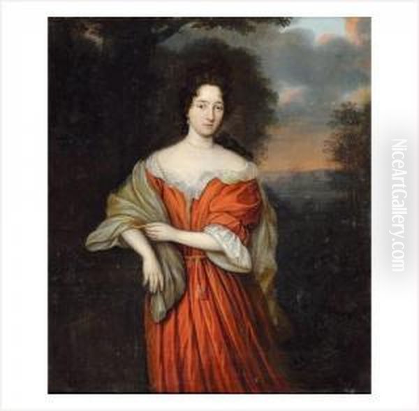 Portrait De Femme A La Robe Rouge Sur Fond De Paysage Oil Painting by Aleijda Wolfsen