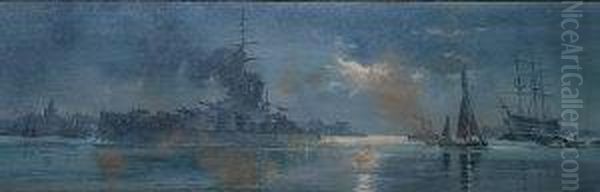 Naval Battleship Leavingdock Oil Painting by Frank Watson Wood