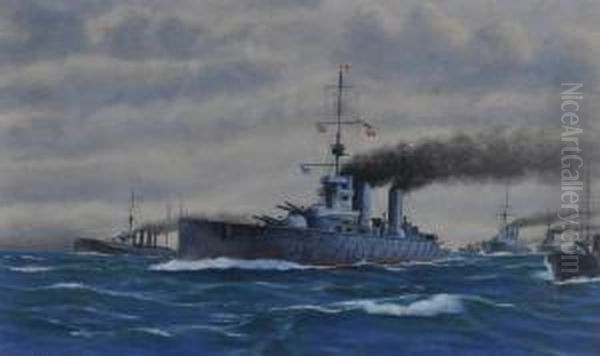 Convoy Of British Battleships At Sea Oil Painting by Frank Watson Wood