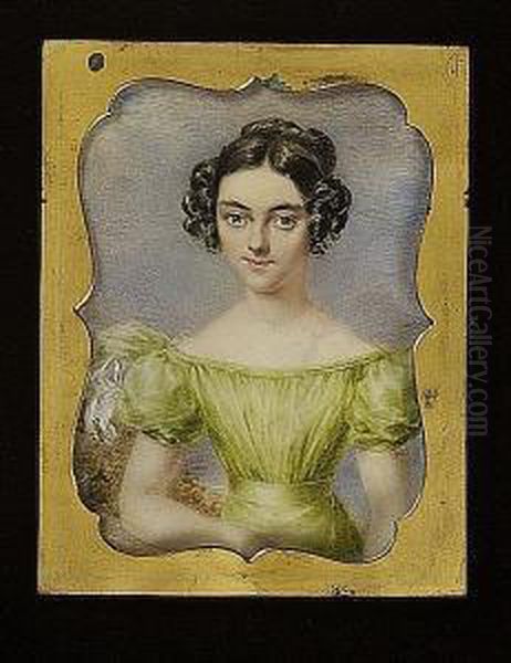 A Young Lady, Wearing Green Dress With White Ribbons On The Puffed Sleeves, Her Dark Hair Curled And Upswept, Landscape Background Oil Painting by Richard Woodman