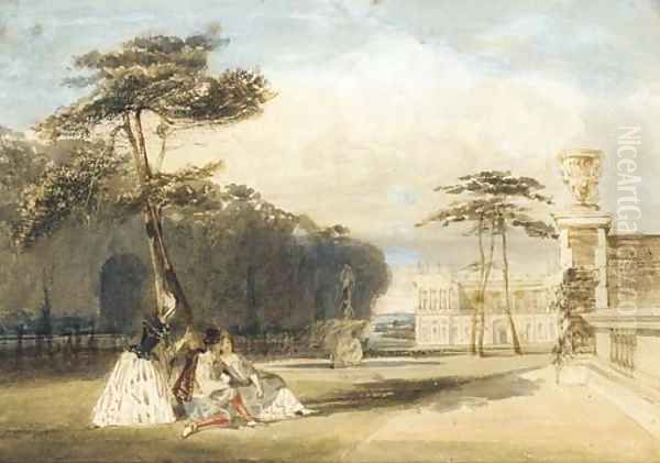 Figures in Van Dyke costume in the grounds of a chateau Oil Painting by Thomas Shotter Boys