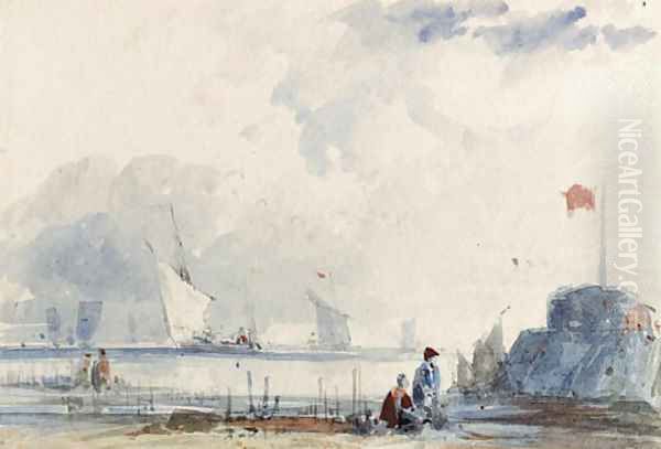 Shipping off the Normandy coast, with figures on the shore Oil Painting by Thomas Shotter Boys