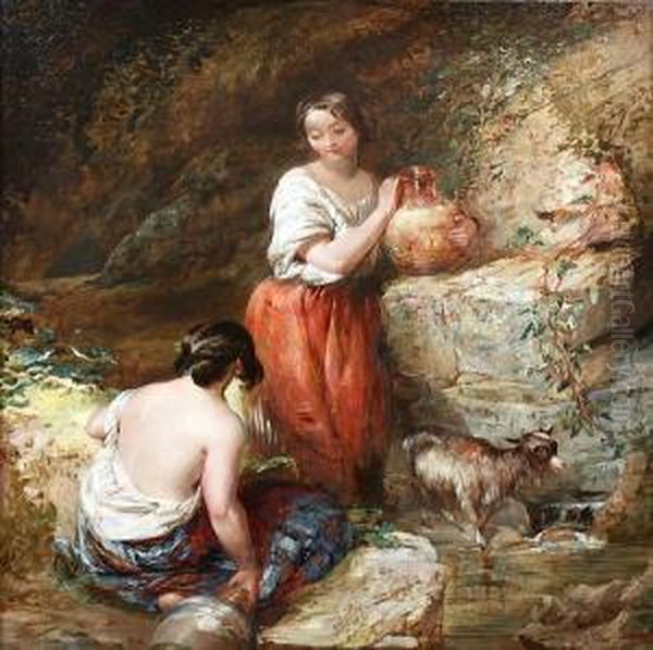 Young Maids Fetching Water At A Spring Oil Painting by Alfred Woolmer