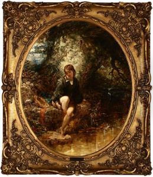 Young Woman Near A Stream In A Landscape Oil Painting by Alfred Woolmer