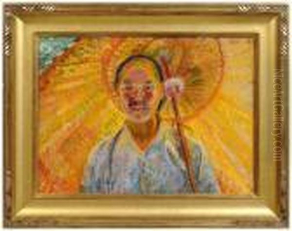 Asian Boy With Umbrella Oil Painting by Theodore Wores