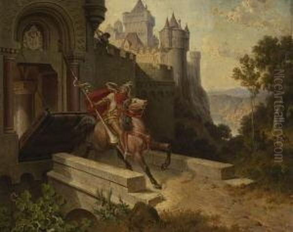 Parzival (?) Vor Der Gralsburg. Oil Painting by Edmund Worndle von Adelsfried