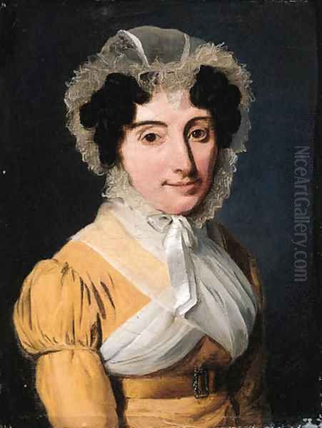 Portrait of a lady, small bust-length, in a yellow dress and a lace bonnet Oil Painting by Louis Leopold Boilly