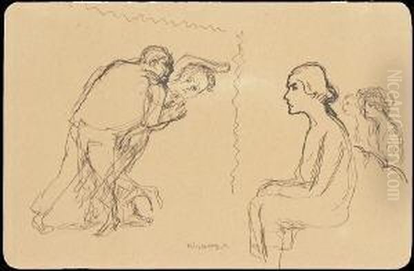 Eisbaren. Tanz. Auf Einer Parkbank. Arger. Streit. Oil Painting by Fritz Wrampe