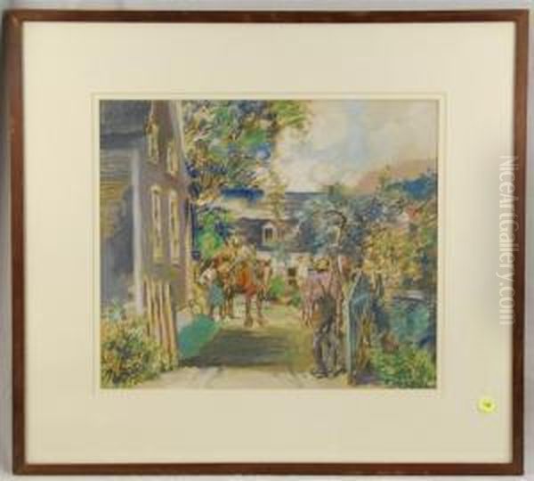 Three Figures In A Village Oil Painting by George Hand Wright