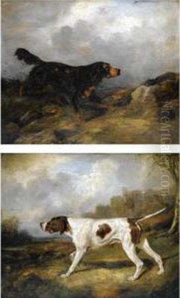 Pointers In A Landscape Oil Painting by George W. Wright