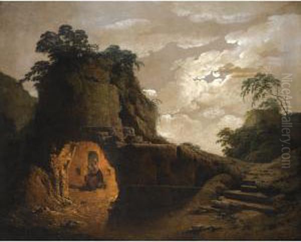 Virgil's Tomb By Moonlight Oil Painting by Josepf Wright Of Derby
