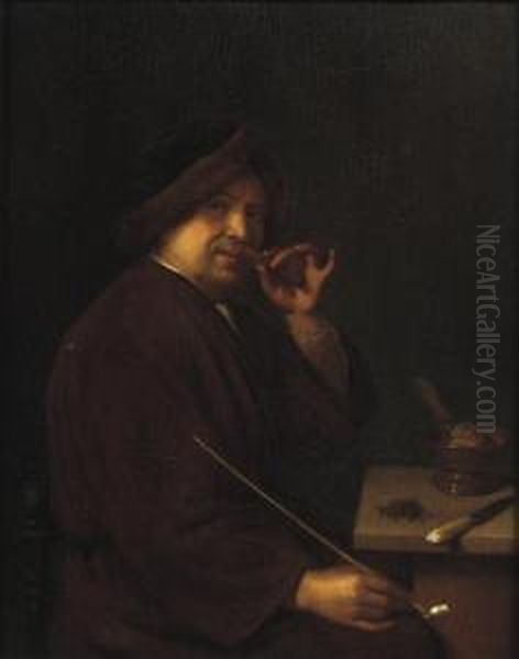 A Young Man Seated At A Table Holding A Cigar In One Hand And A Pipe In The Other; An Allegory Of Smell Oil Painting by Mathijs Wulfraet