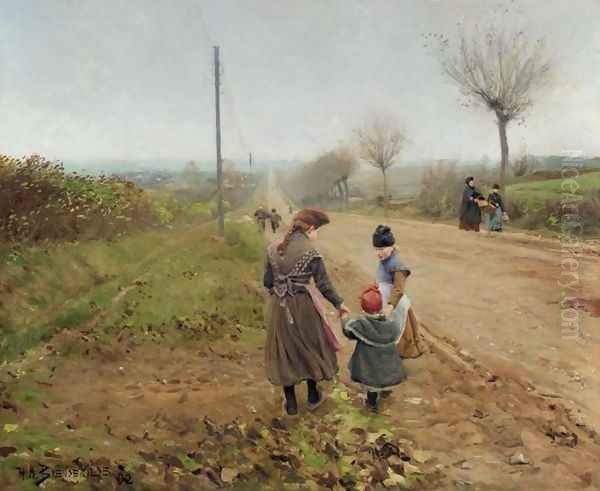 Children on a Country Road (B&oslash;rn p&aring; landevej) Oil Painting by Hans Anderson Brendekilde