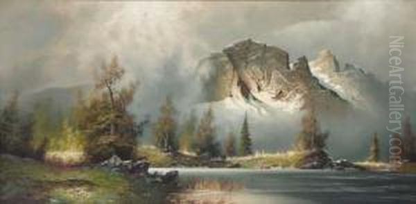 Gebirgssee Mit Schneebedeckten Bergen Im Hintergrund Oil Painting by Reginald Wymer