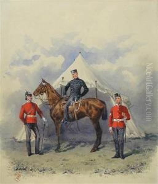 A Mounted Officer With A Sargent Corporal In Front Of A Campaign Tent Oil Painting by Reginald Wymer