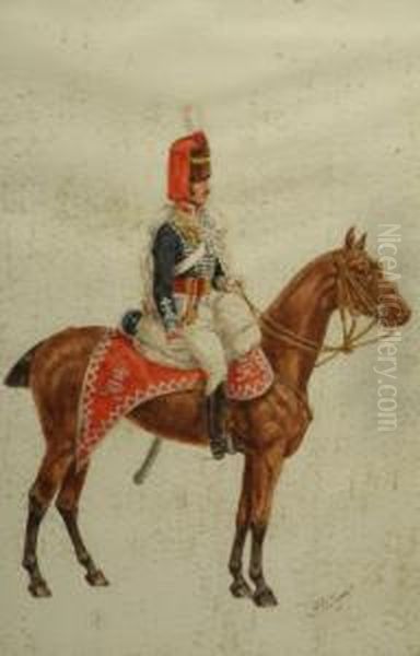 Officer In The 10th Royal Hussars, Watercolour/heightenedwhite, Signed Lower Right, 35cms X 22.5cms Oil Painting by Reginald Wymer
