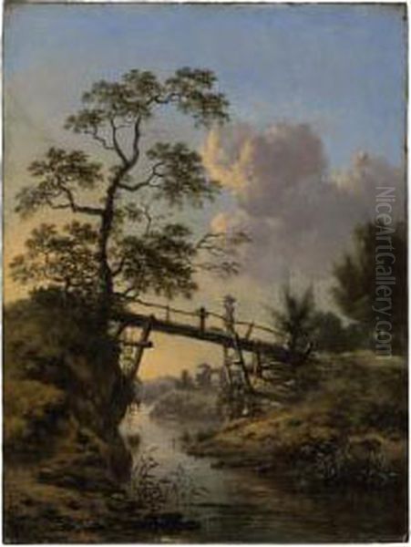 A Stream With A Peasant Woman Crossing A Footbridge Oil Painting by Jan Wijnants