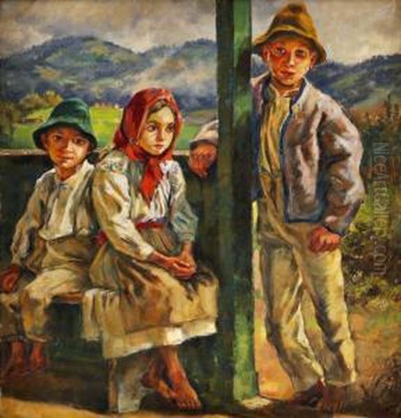 Tri Dedinske Deti Spod Karpatskej Rusi Oil Painting by Prochazka Frantisek Xaver