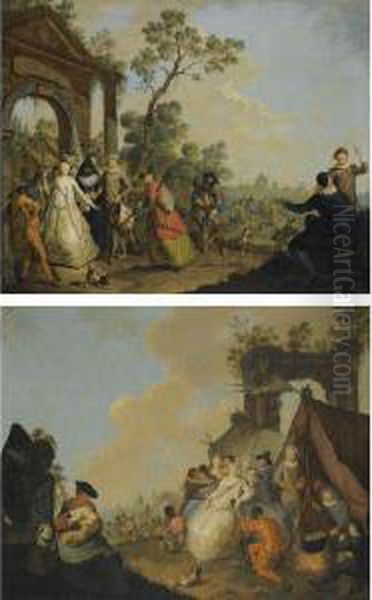 A Troupe Of Commedia Dell'arte Figures After The Hunt; 
Commedia Dell'arte Figures In A Camp Oil Painting by Gerard Joseph Xavery