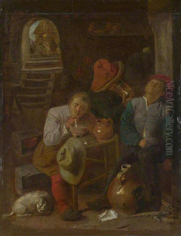 Four Peasants in a Cellar Oil Painting by Adriaen Brouwer
