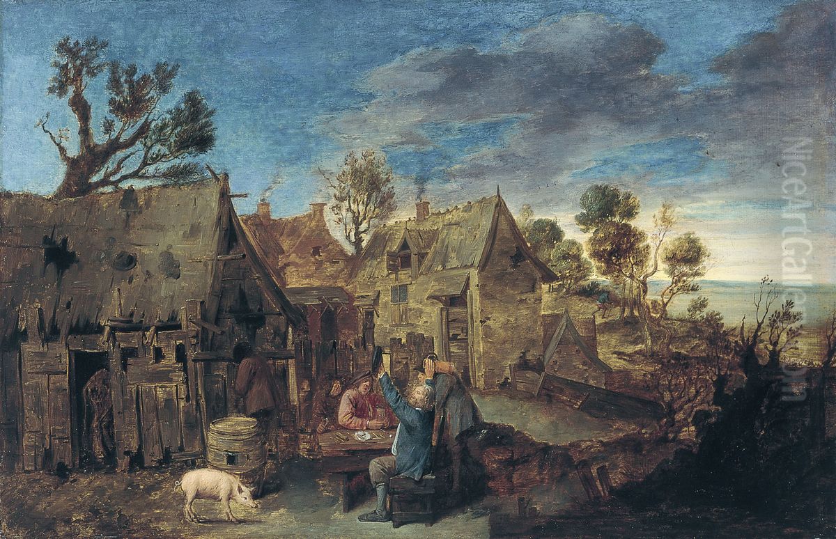 Village Scene with Men Drinking Oil Painting by Adriaen Brouwer