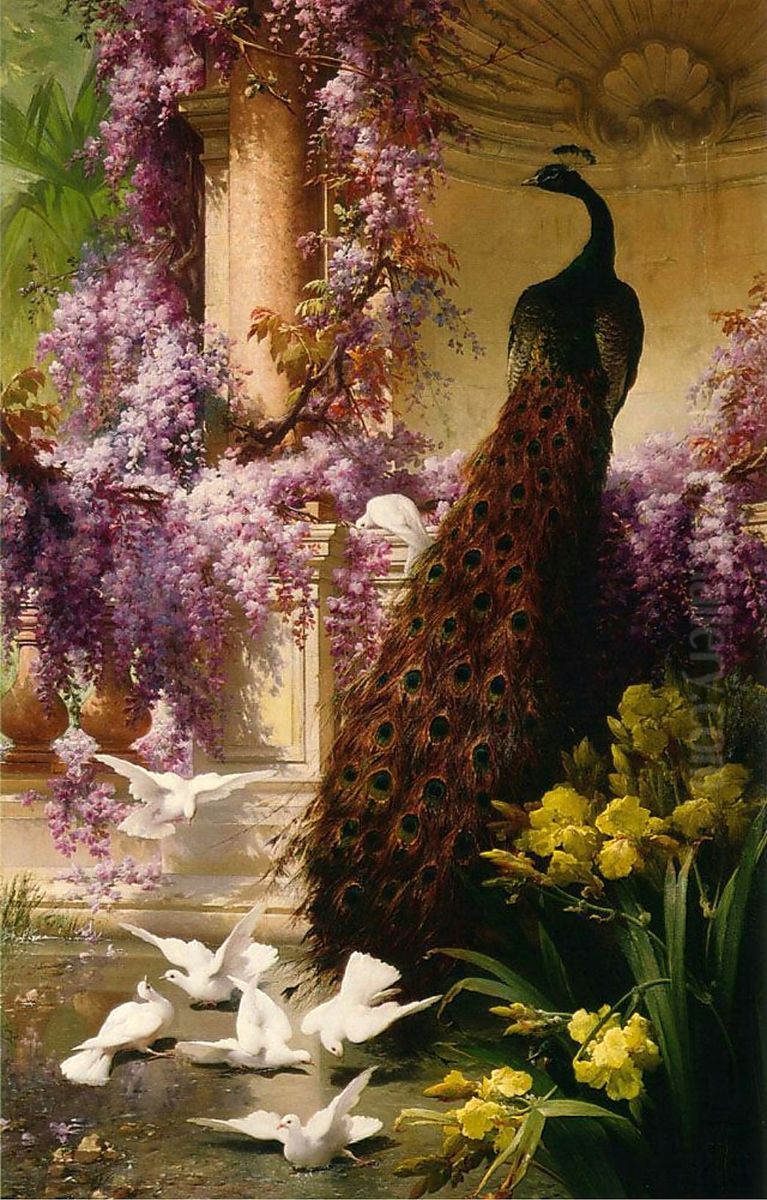 A Peacock and Doves in a Garden Oil Painting by Eugene Bidau