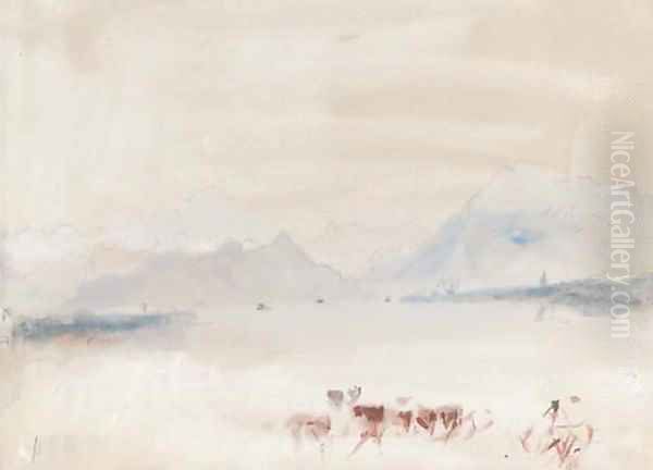 A Swiss lake with cattle Oil Painting by Hercules Brabazon Brabazon