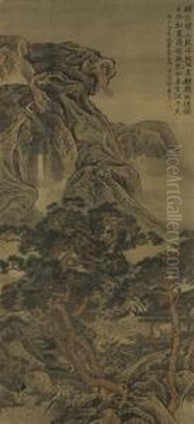 Playing Qin In The Pine Forest Oil Painting by Li Yin