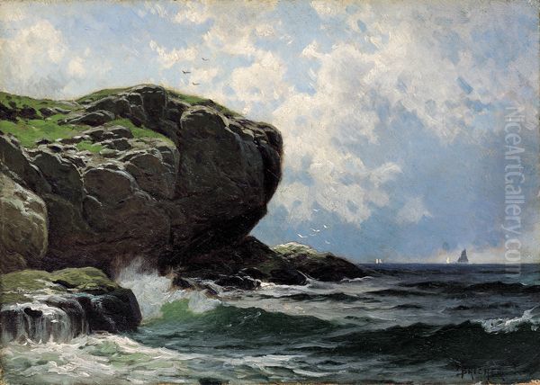 Rocky Head with Sailboats in Distance Oil Painting by Alfred Thompson Bricher