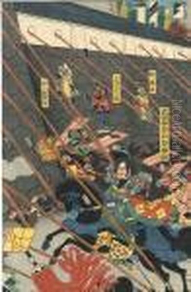 Tripytque Oban Tate-e Representant Une Scene De Guerre Oil Painting by Utagawa Yoshitora