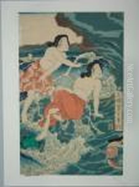 Deux Pecheuses D'awabi Oil Painting by Tsukioka Yoshitoshi