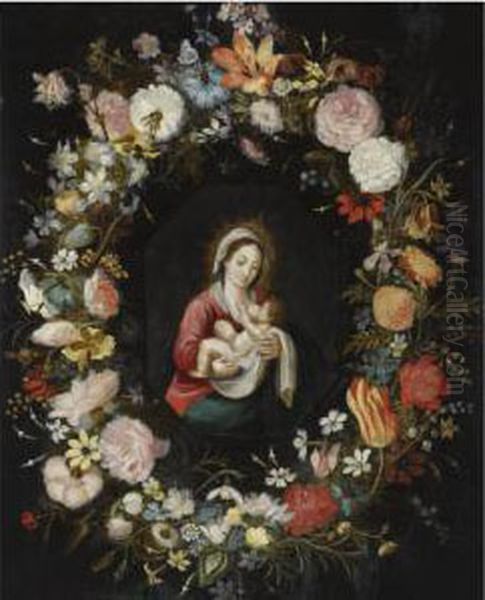 The Virgin And Child In A Garland Of Roses Oil Painting by Jane Younger