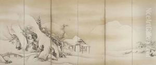 Chinese Landscape In Snow Oil Painting by Kaiho Yusetsu