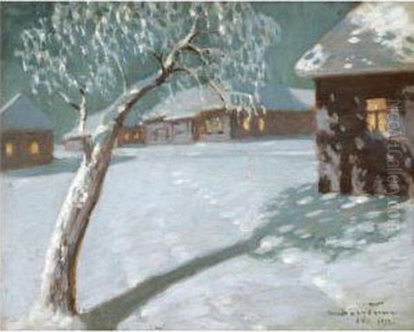 Village In Winter Oil Painting by Viktor Ivanovich Zarubin