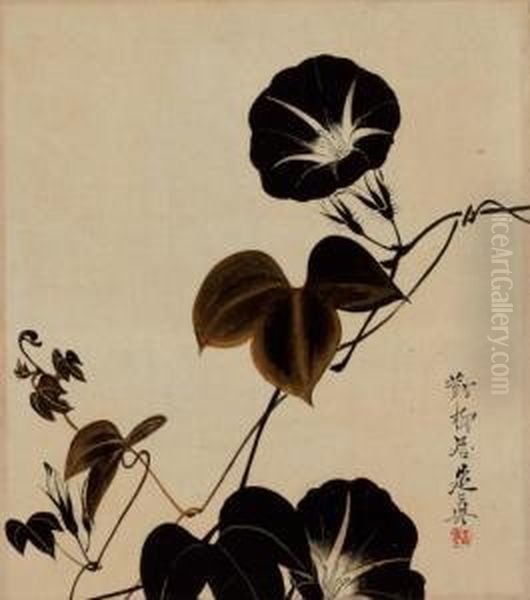 Morning Glories Signed Tairyukyo Zeshin And Sealed Hanging Scroll Oil Painting by Zeshin Shibata