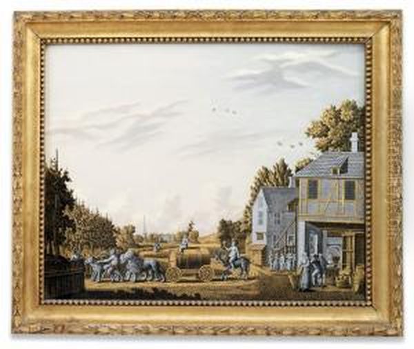 A Bacchanalian Procession Drawing A Beer Barrel OutsideAn Inn With A Group Of Fruit Pickers And Dancers Oil Painting by Jonas Zeuner
