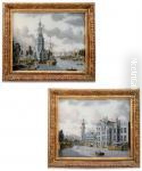 Views Of The Binnenamstel Met Munttoren And Of The OudeSchans Met Montelbaanstoren Oil Painting by Jonas Zeuner