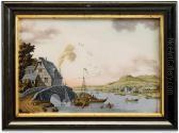 A River View With A Stone Bridge, A House And DistantHills Oil Painting by Jonas Zeuner