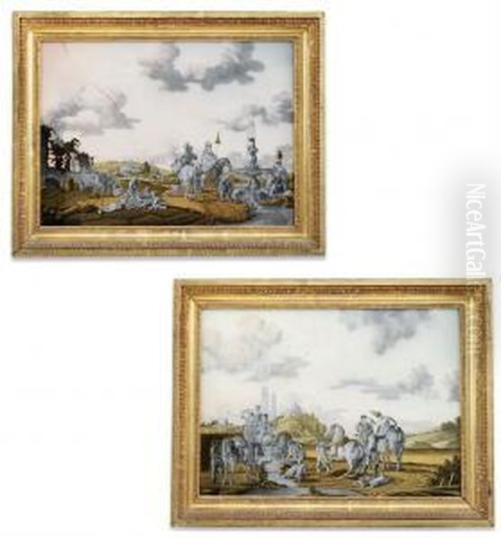 Hunting Parties At A Fountain Near A Stream WithMountainous Landscape In The Background Oil Painting by Jonas Zeuner