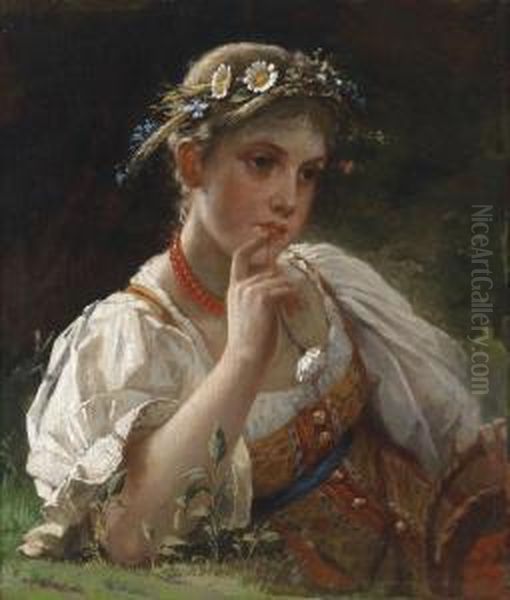 Girl With Wreath Of Flowers Oil Painting by Firs Sergeevich Zhuravlev