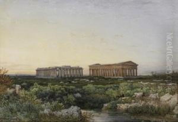 The Temple Ruins Of Paestum. Signed Lower Left: Julius Zielcke Paestum Oil Painting by Julius Zielke