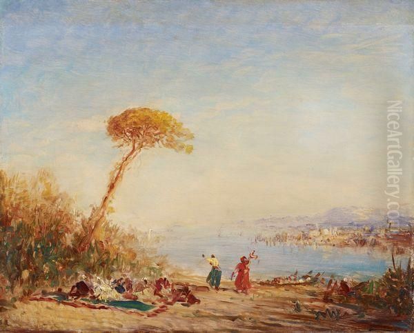 Vue De Scutari, Personnages Sur La Rive Asiatique Du Bosphore Oil Painting by Felix Ziem