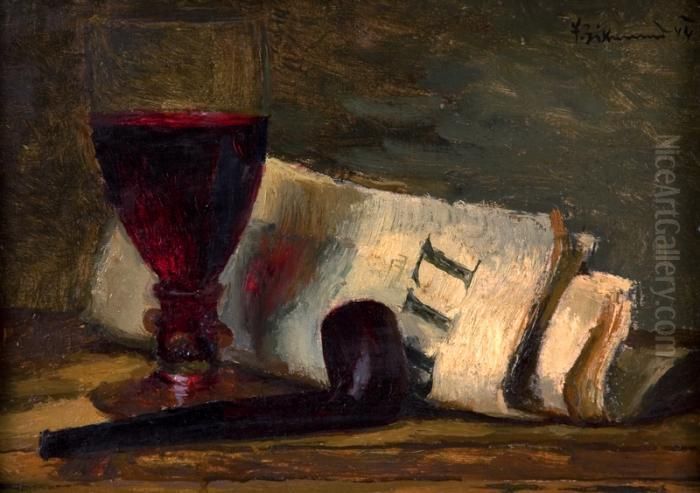 Zatisi S Poharem, Dymkou A Novinami Oil Painting by Frantisek Zikmund