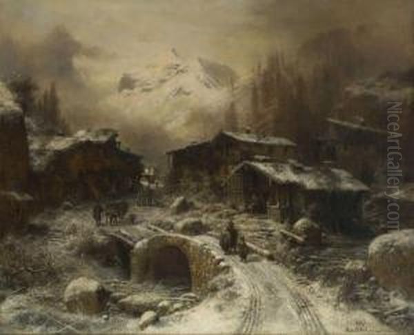 Winterliche Dorfstrase Oil Painting by Richard Zimmermann