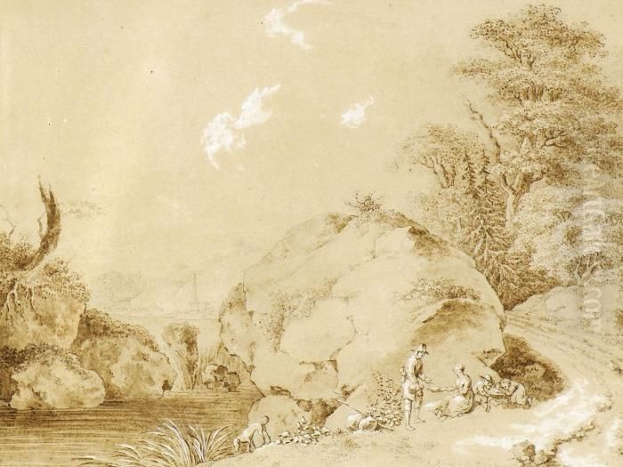 Rastende Wanderer In Felsiger Flusslandschaft. Oil Painting by Adrian Zingg